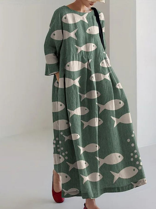 Jolie - Vestido Midi Suelto de Estampado de Peces a la Moda