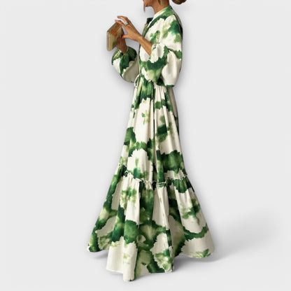 Melina - Vestido Maxi Verde con Mangas Largas y Escote en V