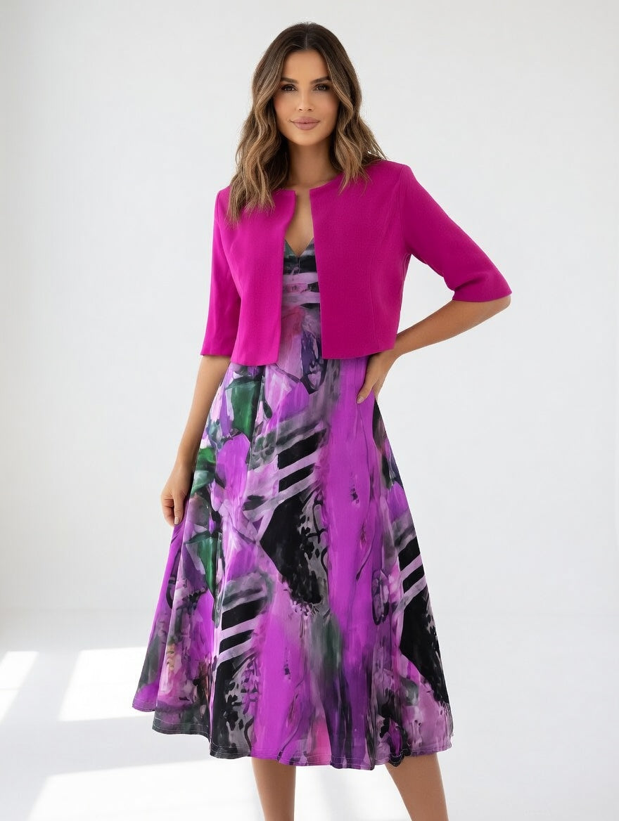 Vestido Midi Fluido con Bolero - Estampado Artístico Elegante