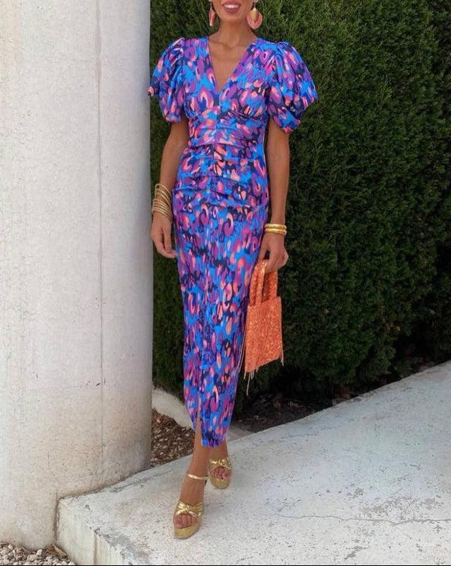 Robe Midi Elegante con Mangas Voluminosas