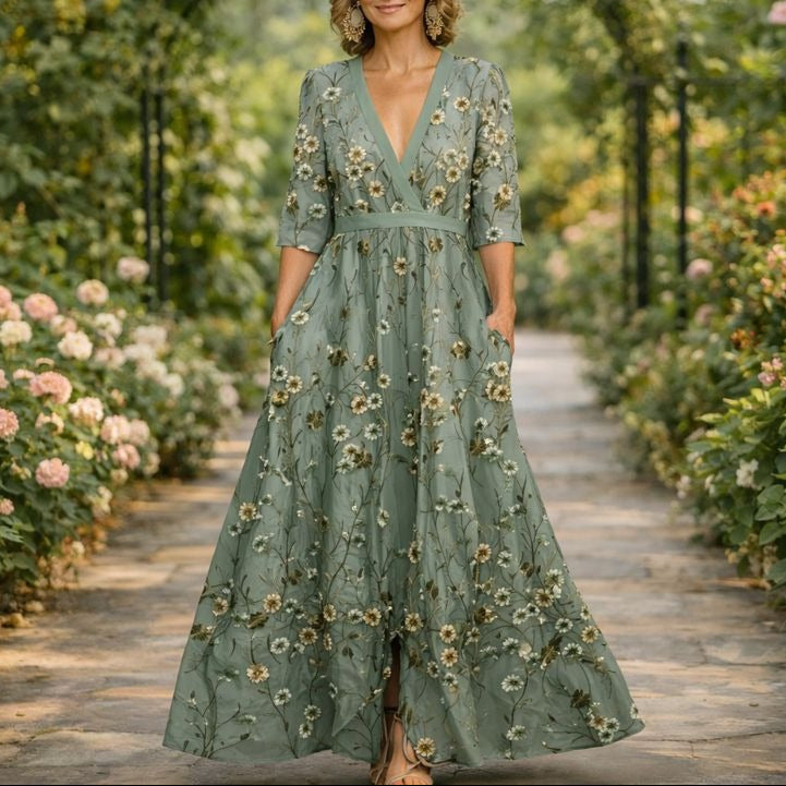 Vestido Largo con Escote en V - Elegancia Atemporal