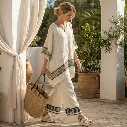 Mariella – conjunto Elegante: top de rayas negras y pantalón fluido