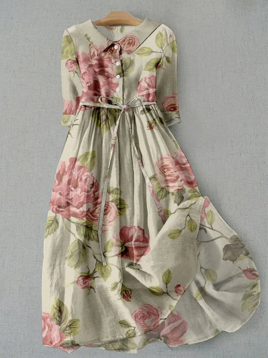 Vestido de Mujer - Vestido de Verano con Estampado Floral Vintage y Cintura Ajustable