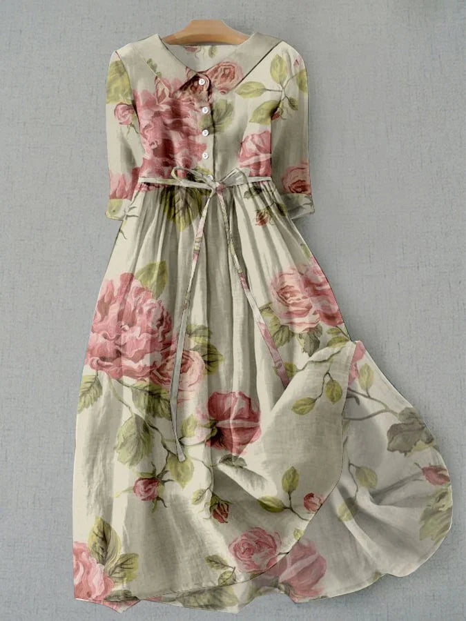 Vestido de Mujeres - Vestido de Verano con Estampado Floral Vintage y Cintura Ajustable