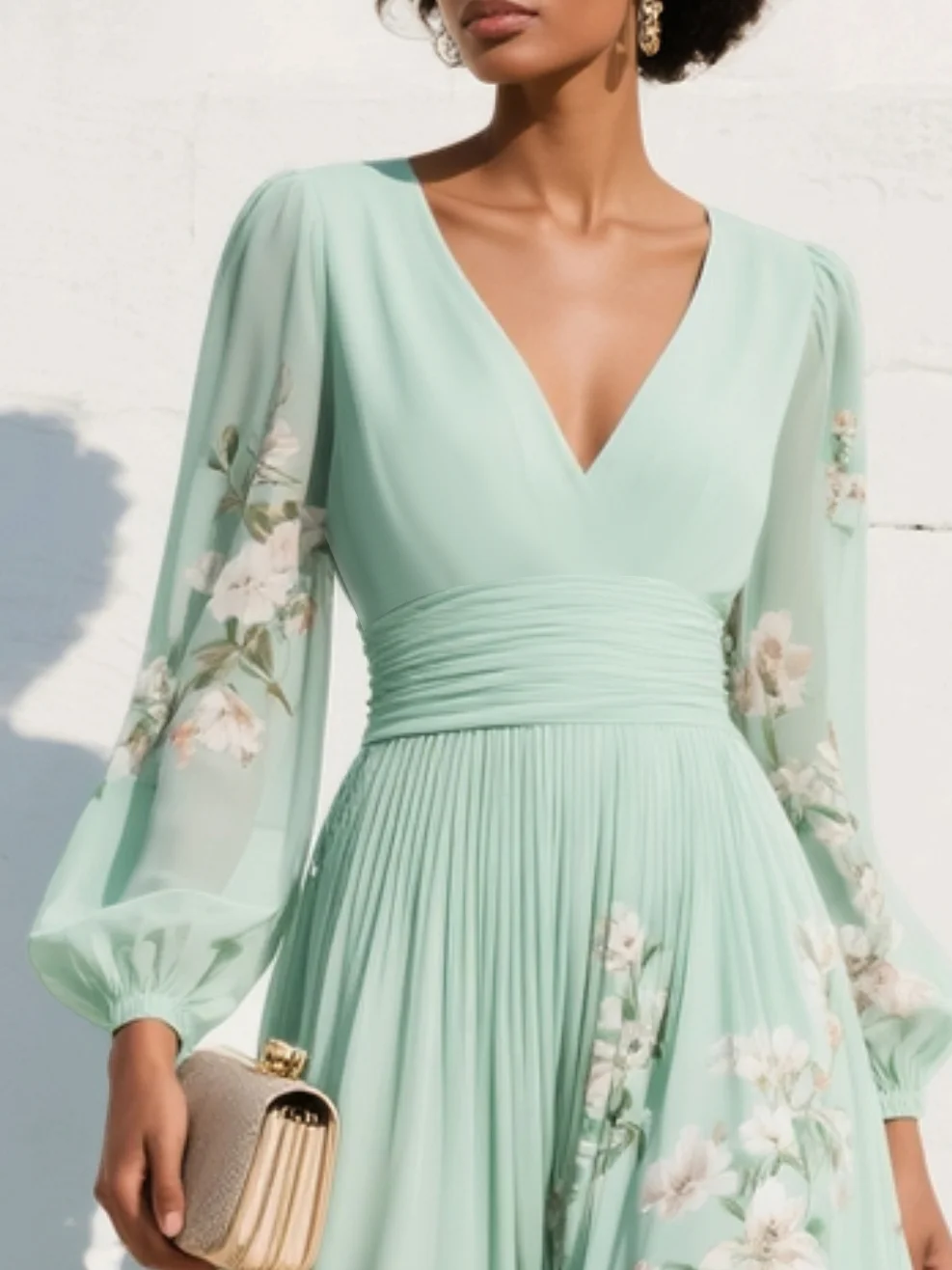 Cisella | Vestido midi verde claro con escote en V, en chiffon plisado y motivo floral