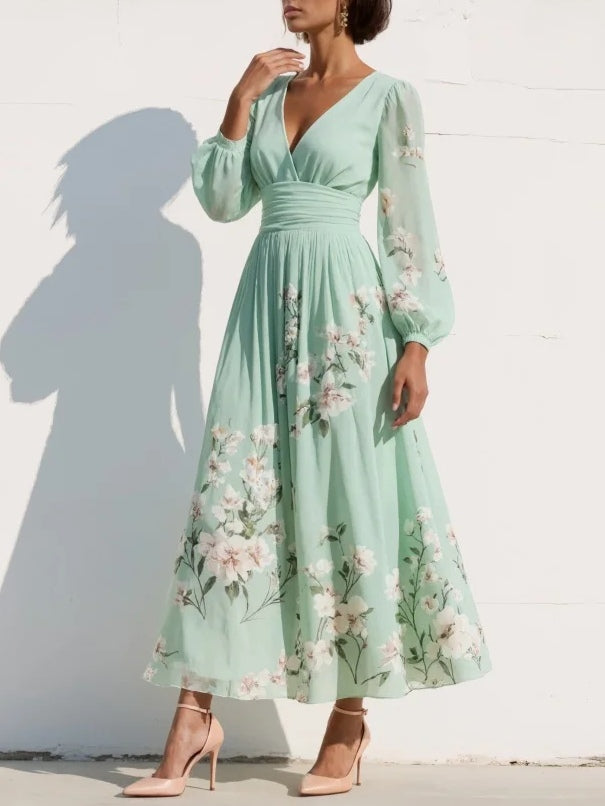 Cisella | Vestido midi verde claro con escote en V, en chiffon plisado y motivo floral