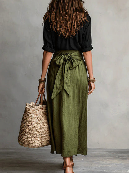 Vera – Conjunto de dos piezas: camiseta negra y falda midi verde olivo