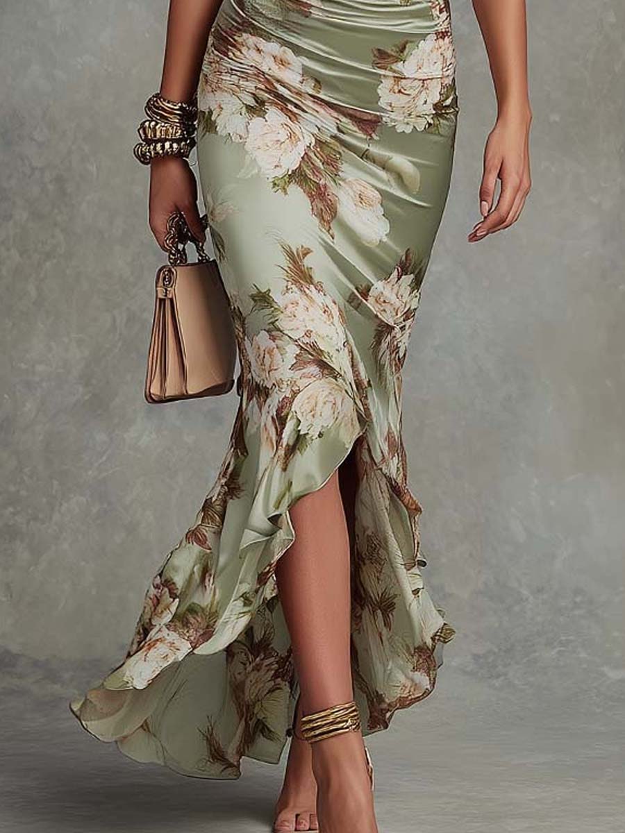 Anna - Vestido largo asimétrico de satén verde con escote en V, mangas de campana con volantes y motivo floral