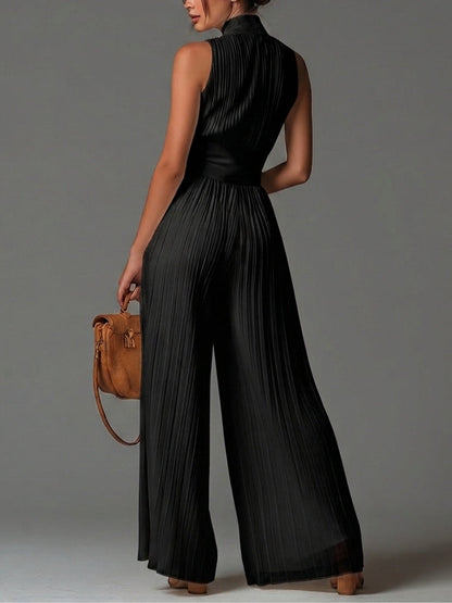 Mono sin mangas de cuello en V negro con cremallera y plisado de piernas anchas en chiffon