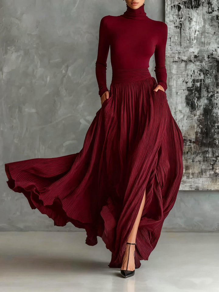 ALINA – ELEGANTE VESTIDO MAXI CON CUELLO ALTO Y FLUIDO