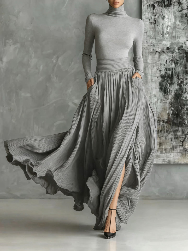ALINA – ELEGANTE VESTIDO MAXI CON CUELLO ALTO Y FLUIDO