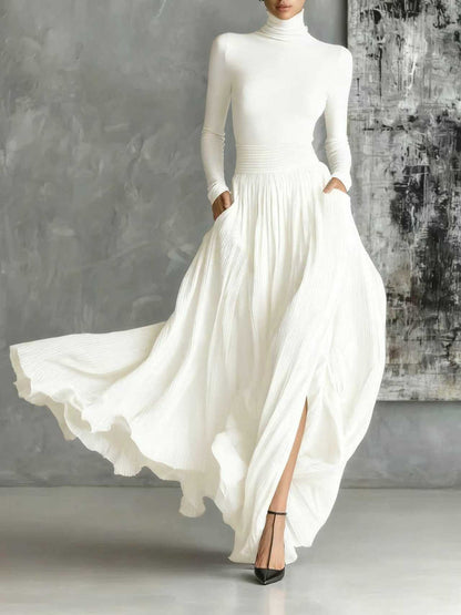 ALINA – ELEGANTE VESTIDO MAXI CON CUELLO ALTO Y FLUIDO