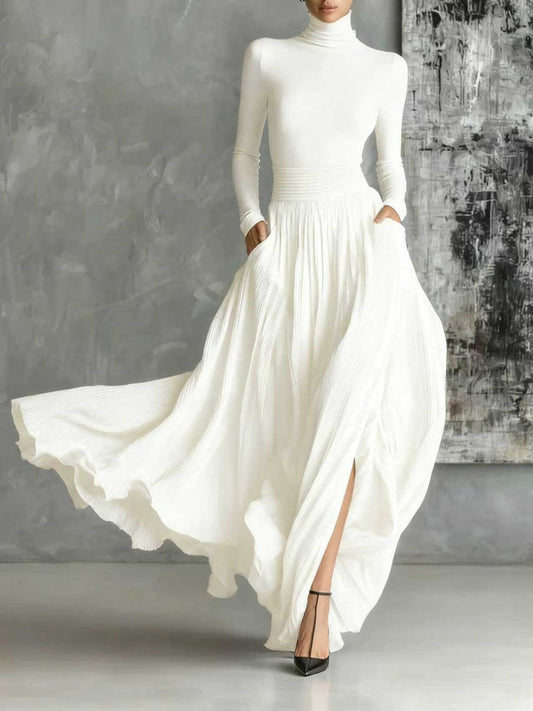 ALINA – ELEGANTE VESTIDO MAXI CON CUELLO ALTO Y FLUIDO