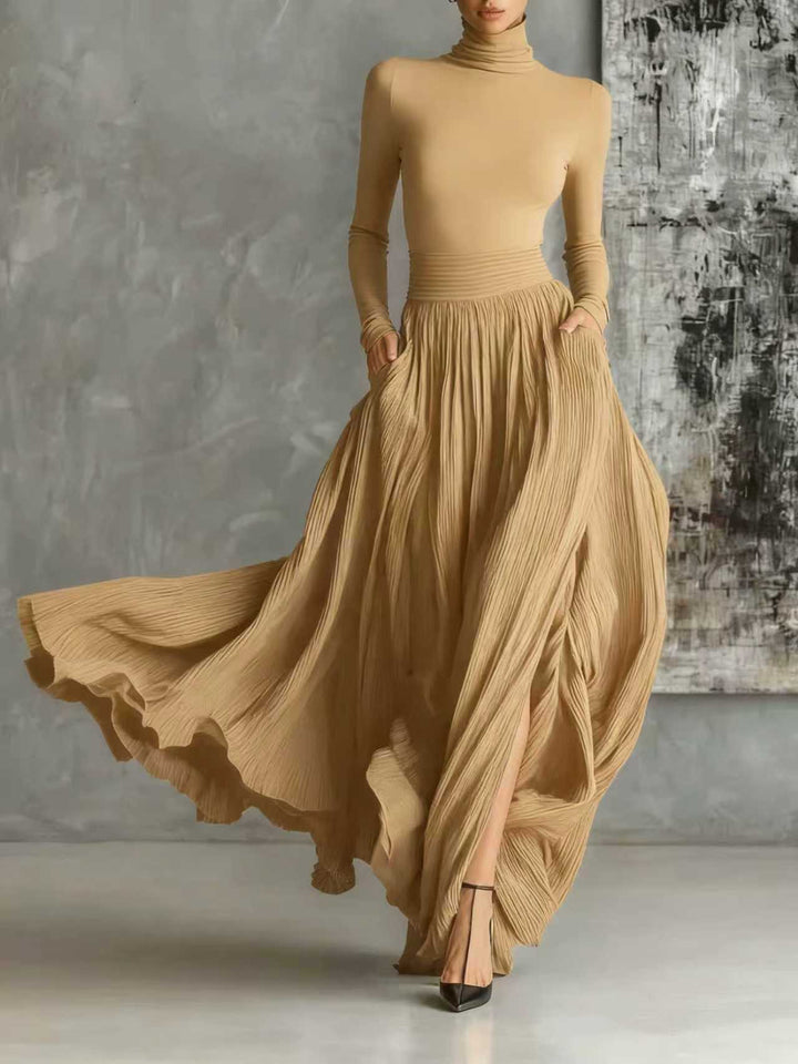 ALINA – ELEGANTE VESTIDO MAXI CON CUELLO ALTO Y FLUIDO