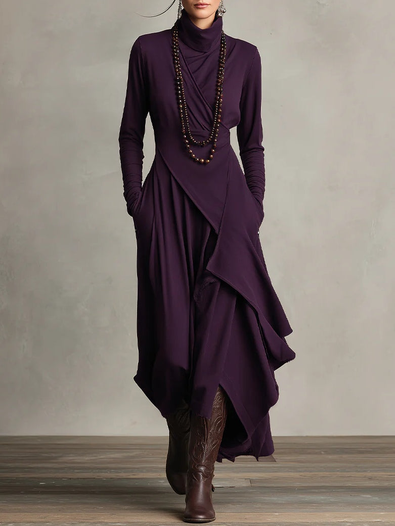 Vestido Maxi Púrpura con Cuello Alto y Drapado Asimétrico
