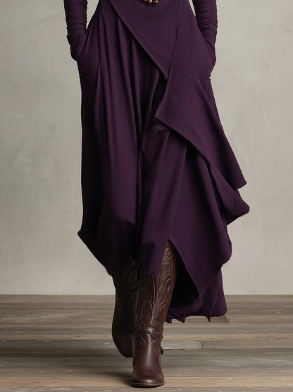 Vestido Maxi Púrpura con Cuello Alto y Drapado Asimétrico