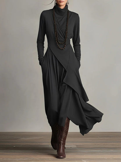 Vestido Maxi Púrpura con Cuello Alto y Drapado Asimétrico