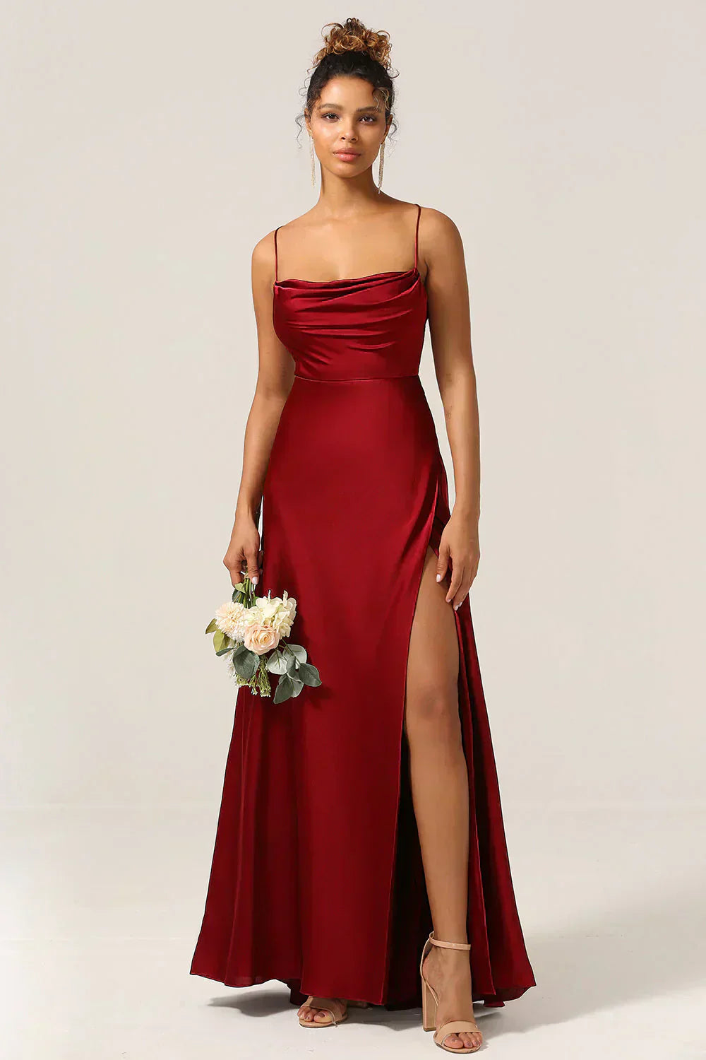 Vestido Maxi de Noche con Tirantes de Espagueti para Mujeres con Alta Rendija