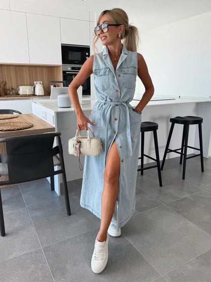 Vestido Maxi de Denim - Corte Fluido y Atemporal
