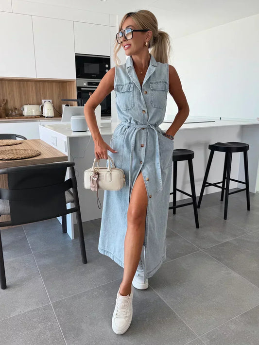 Vestido Maxi de Denim - Corte Fluido y Atemporal