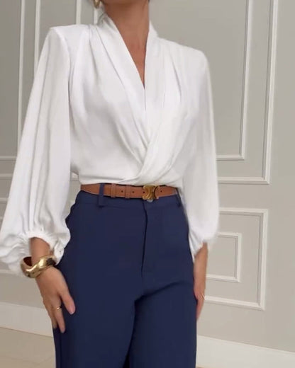 Blusa de Manga Larga con Cuello en V de Color Sólido
