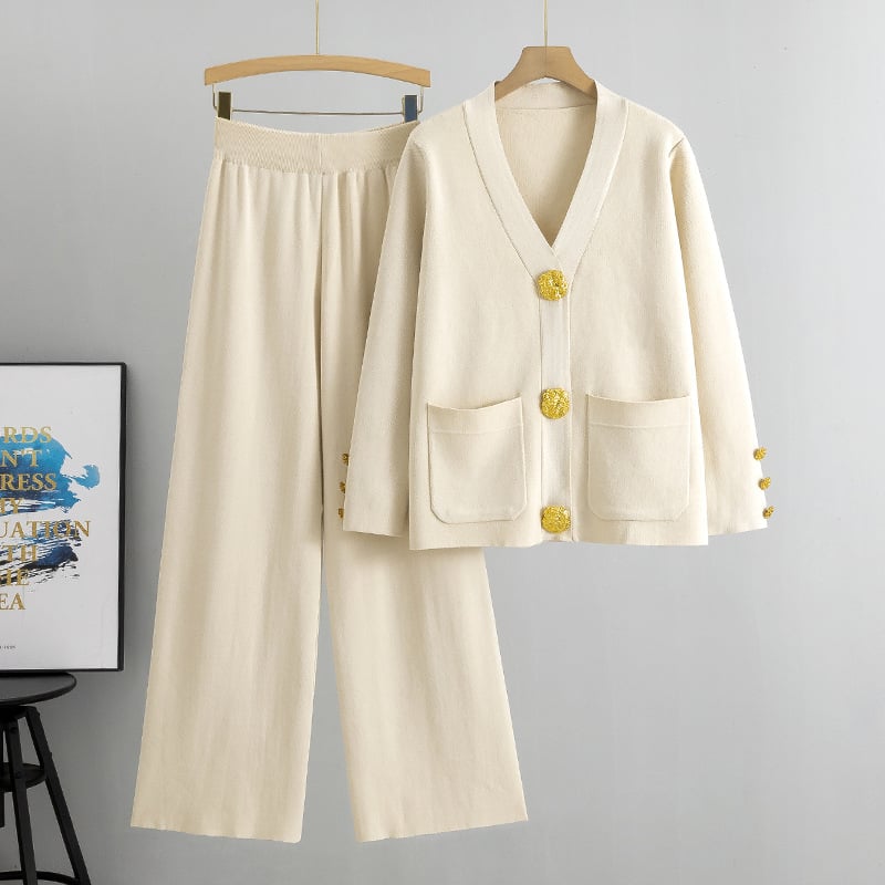AZARIA – TRAJE DE PANTALONES DE SUÉTER DE LANA CON BOTONES METÁLICOS