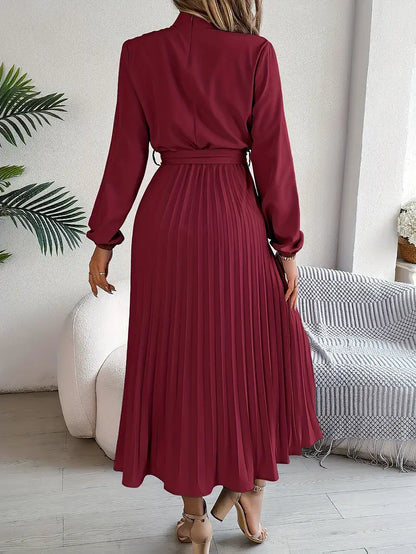 Vestido Midi Plisado de Manga Larga para Mujeres con Cintura con Cinturón