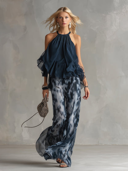 Ludovica | Top Halter Elegante Azul Marino y Conjunto de Pantalones Amplios Estampados