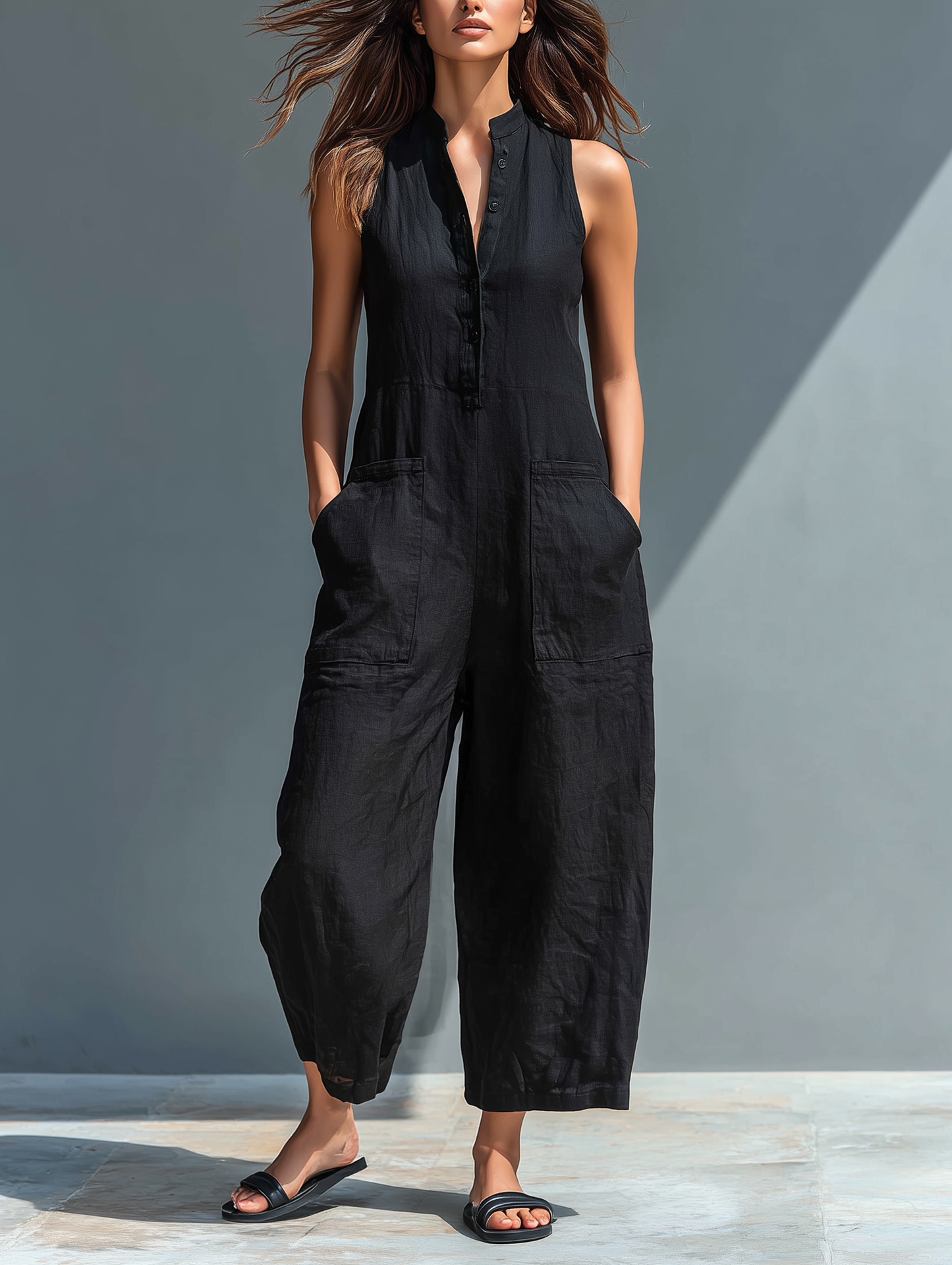 Pantalón sin mangas de mezcla de lino con cuello alto y botones para mujeres