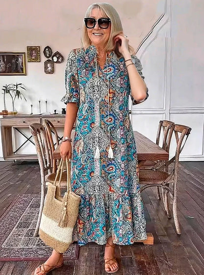 Carolette - Vestido Maxi de Cuello con Cordón Boho