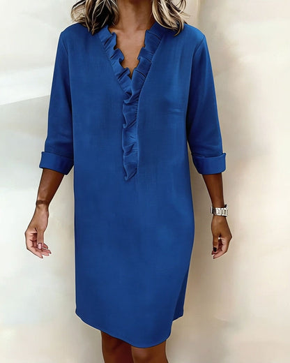 Vestido Sólido con Volantes y Cuello en V