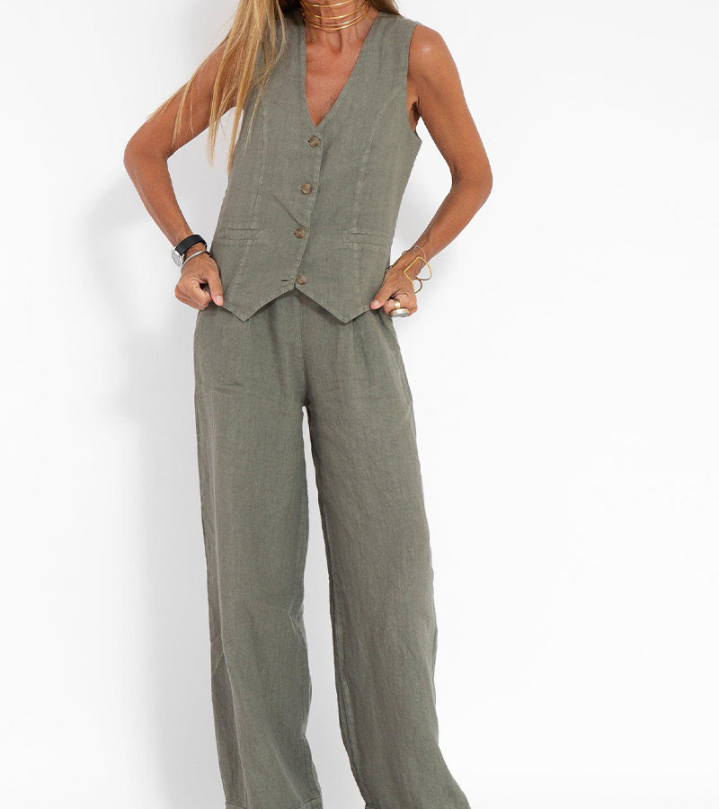 Jessica - Conjunto Chaleco Con Botones & Pantalones De Pierna Ancha