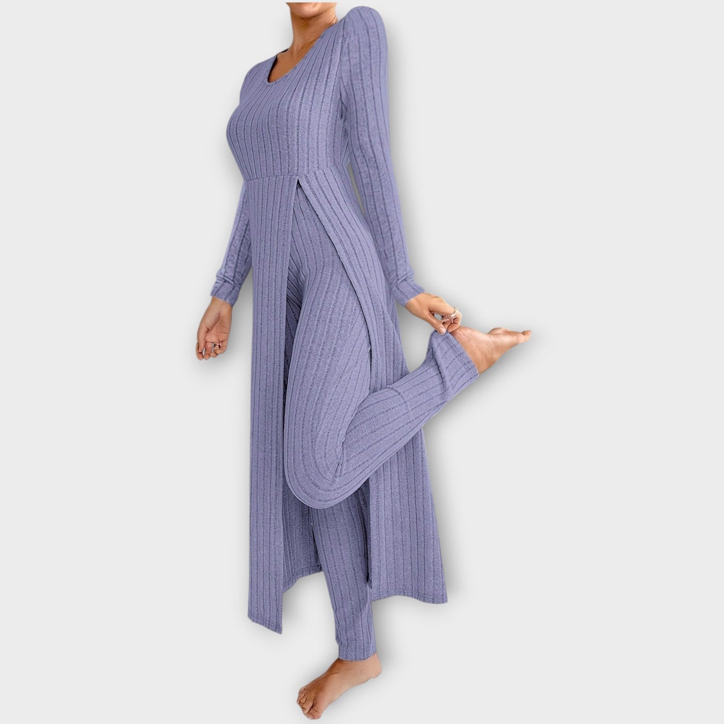 Conjunto de Lounge de Tejido Acanalado con Túnica Dividida
