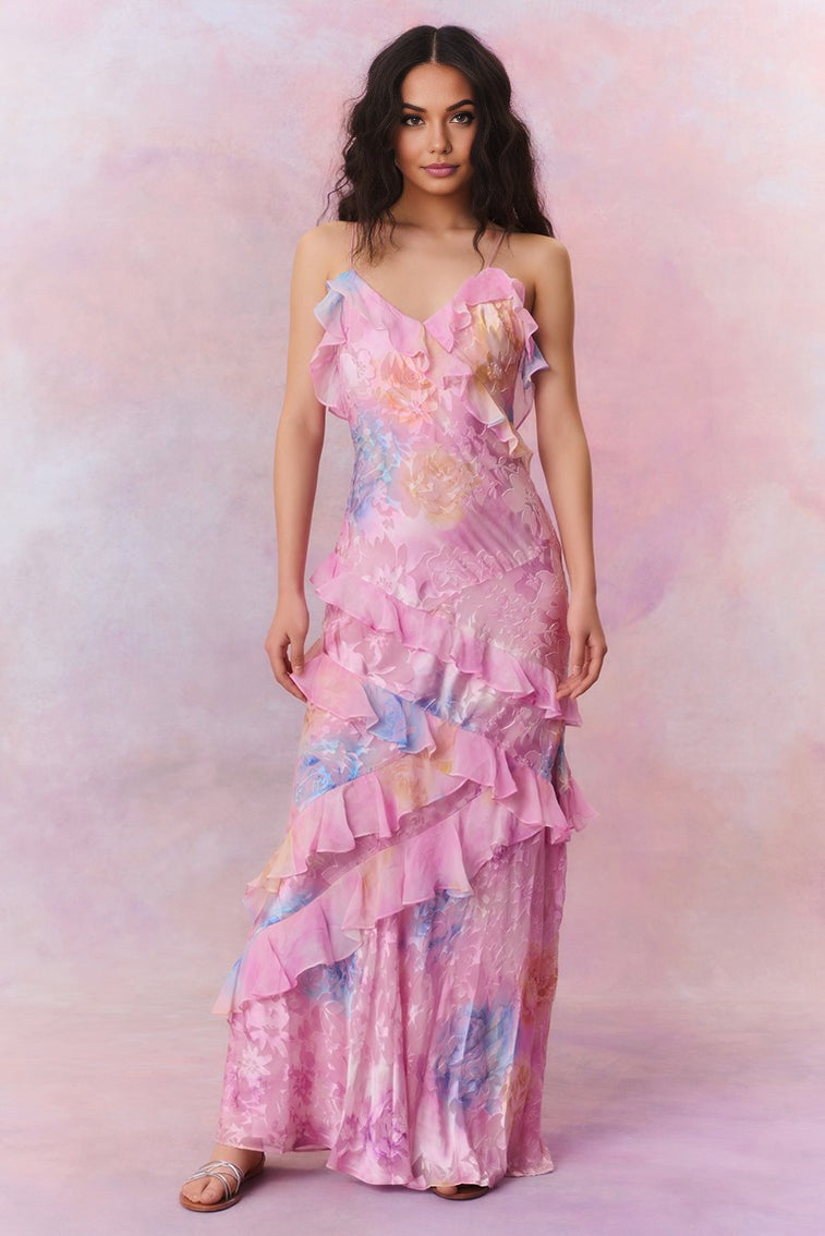 Luneth - Vestido Maxi Sin Espalda con Escote en V Floral