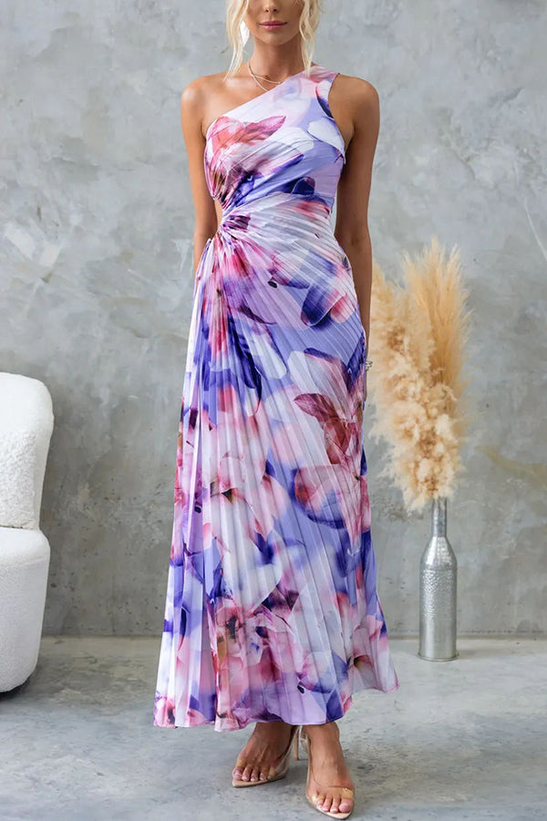 Deja - Vestido Maxi Plisado de Un Hombro con Patrón Floral