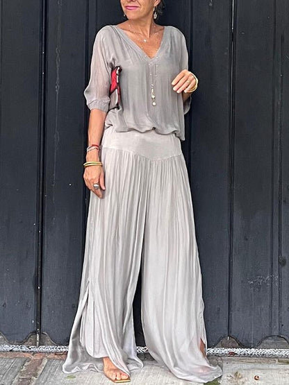ESMERALDA – CONJUNTO DE PANTALONES ANCHOS DE CHIFFON ELEGANTE DE DOS PIEZAS