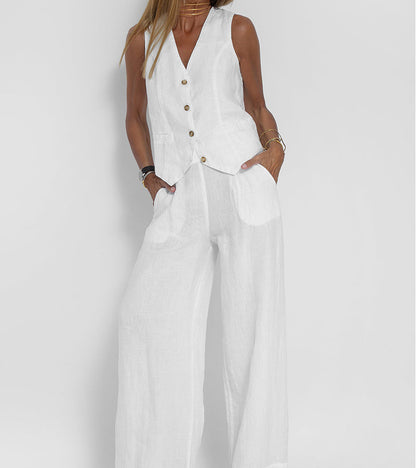 Jessica - Conjunto de Chaleco Abotonado y Pantalones de Pierna Ancha
