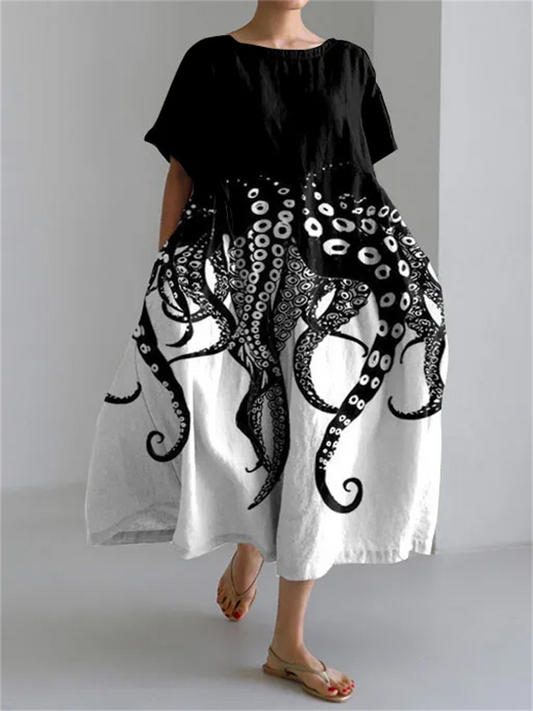 Yasmine - Vestido de Manga Corta con Estampado de Tentáculos Chic