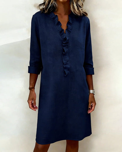 Vestido Sólido con Volantes y Cuello en V