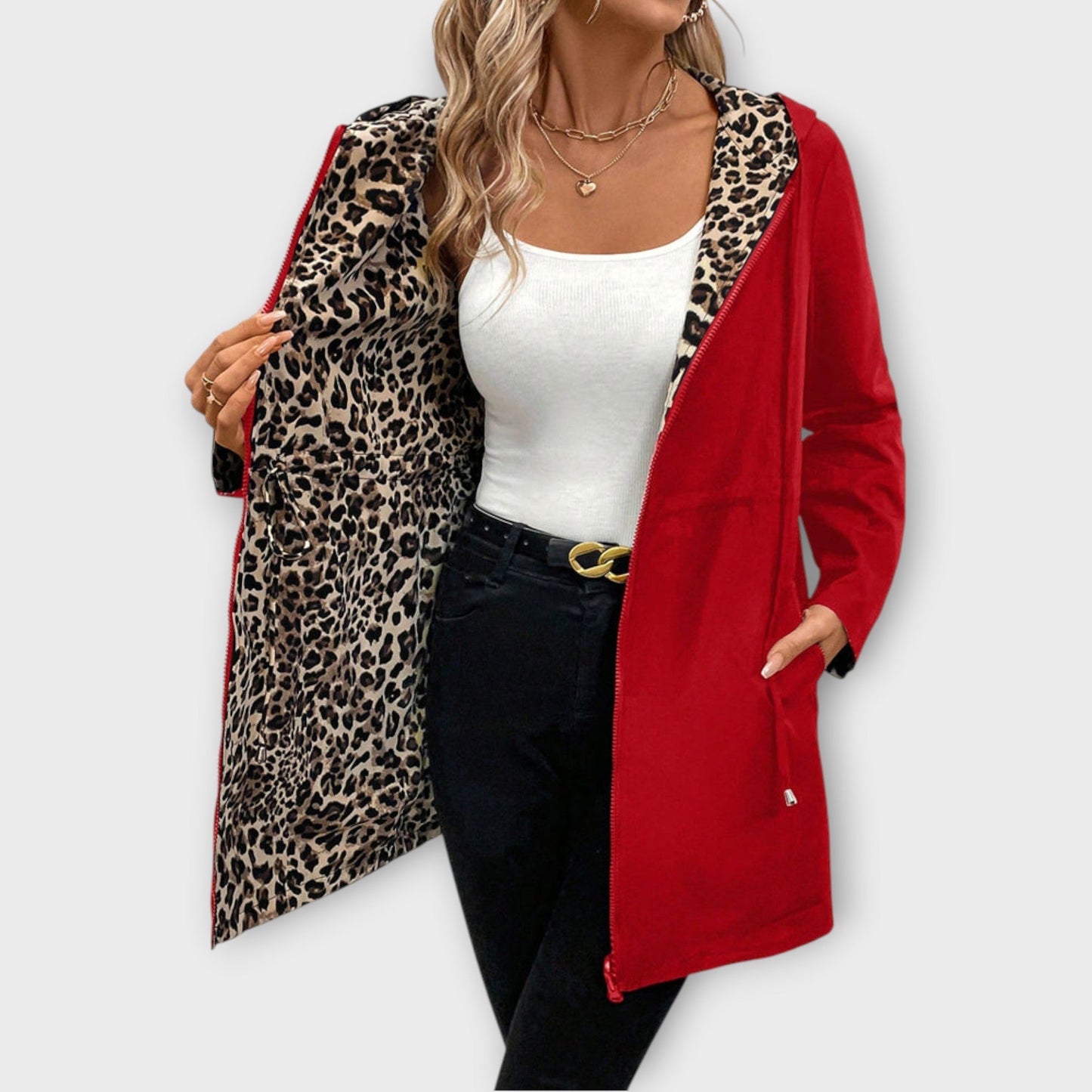 Abrigo Reversible con Capucha y Estampado Leopardo