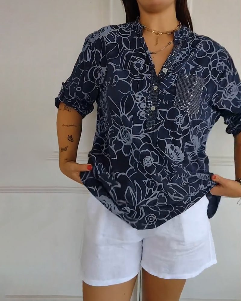 Blusa Estampada Abotonada con Cuello en V