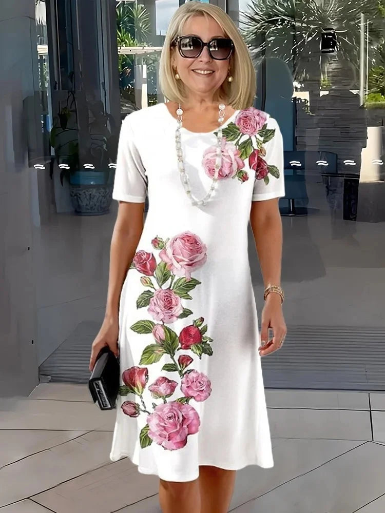 Rosara - Vestido Medio Impreso Suelto y Cómodo