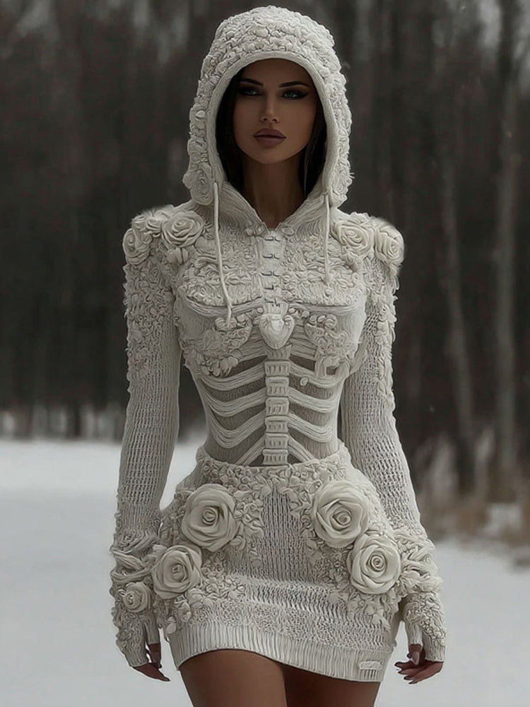 Suéter de punto con capucha de parche de rosa blanca y calavera vintage para mujer