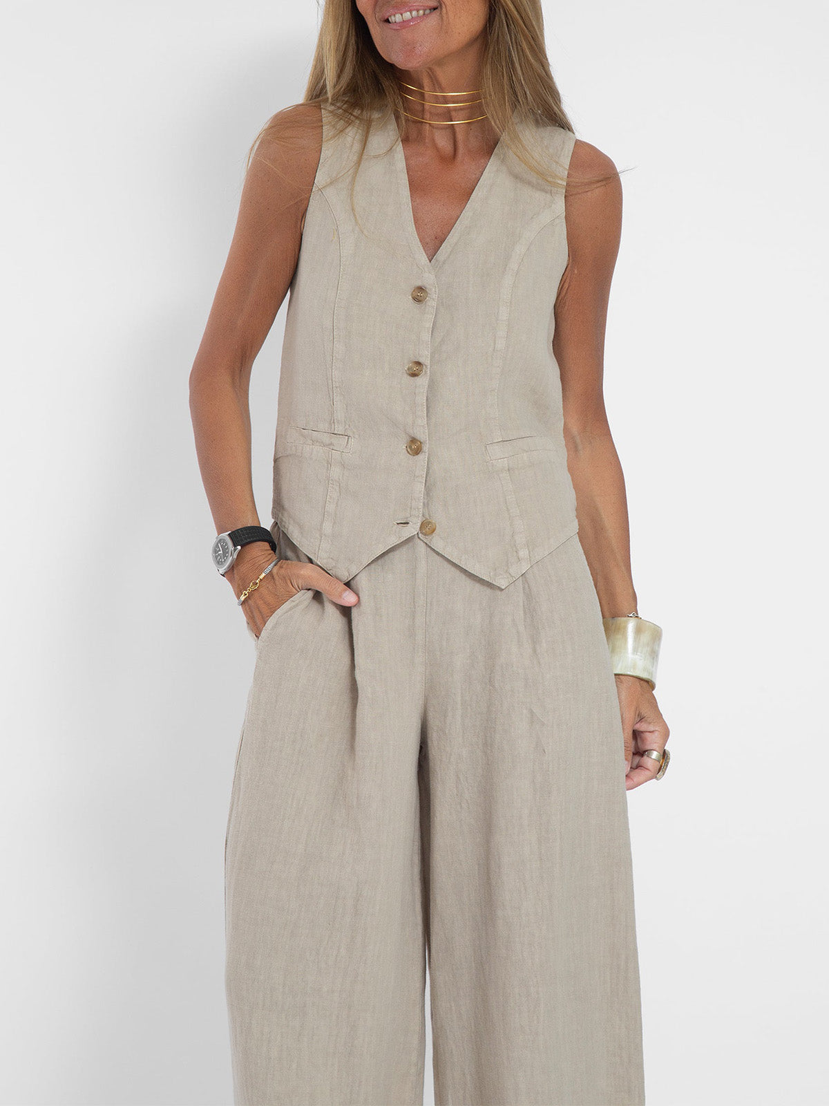 Aira - Conjunto de Chaleco Abotonado y Pantalones de Pierna Ancha