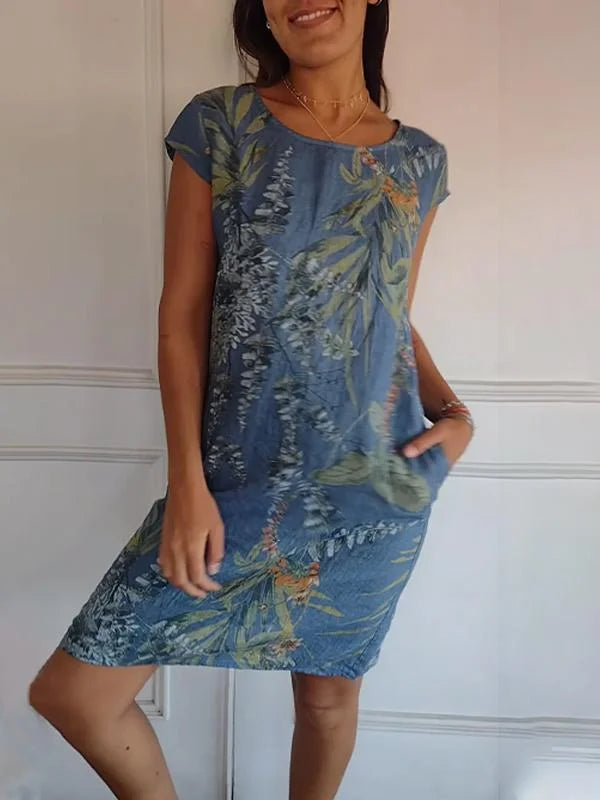 Vestido de verano estampado de algodón y lino para mujeres con bolsillos