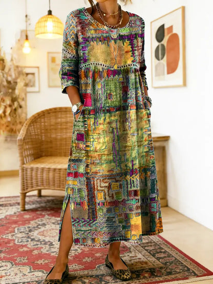 Manuela | Vestido de Denim con Patchwork Étnico