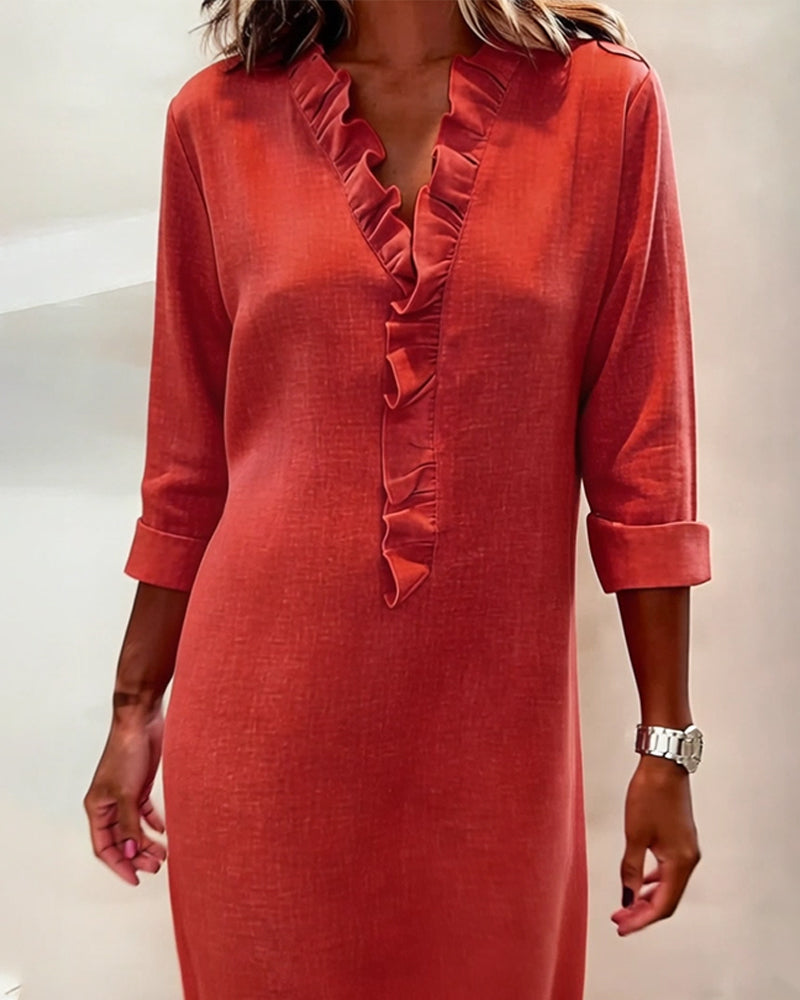 Vestido Sólido con Volantes y Cuello en V