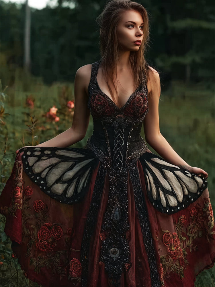 Vestido Vintage de Mariposa Mística y Rosas con Brillos, Falda Flowy Ancha