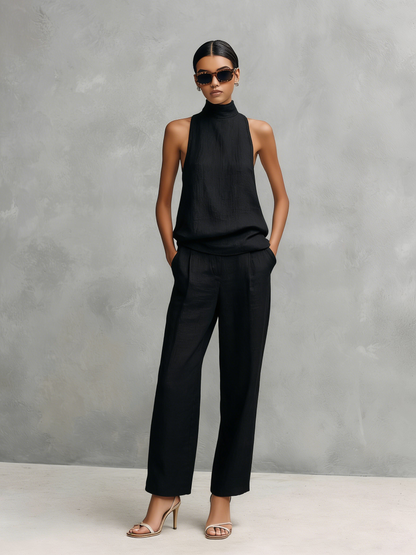 Conjunto de Top Sin Mangas y Pantalones Elegantes de Algodón y Lino Negro para Mujer
