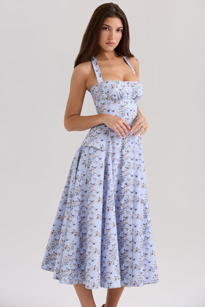 Belle - Vestido Midi con Estampado de Margaritas y Cuello Halter